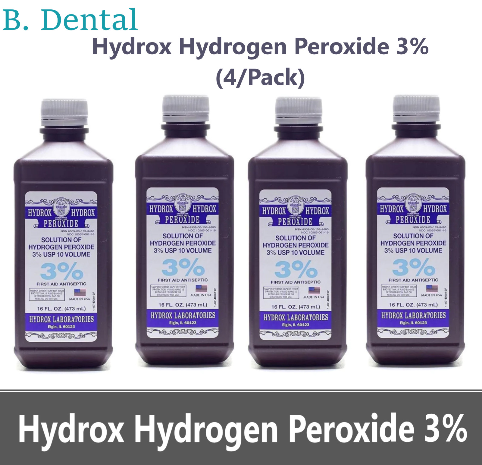 Hydrox Hydrogen Peroxide 3% Cleanser & Antiseptic (D0012),  4/Pack, 16 Oz Ea
