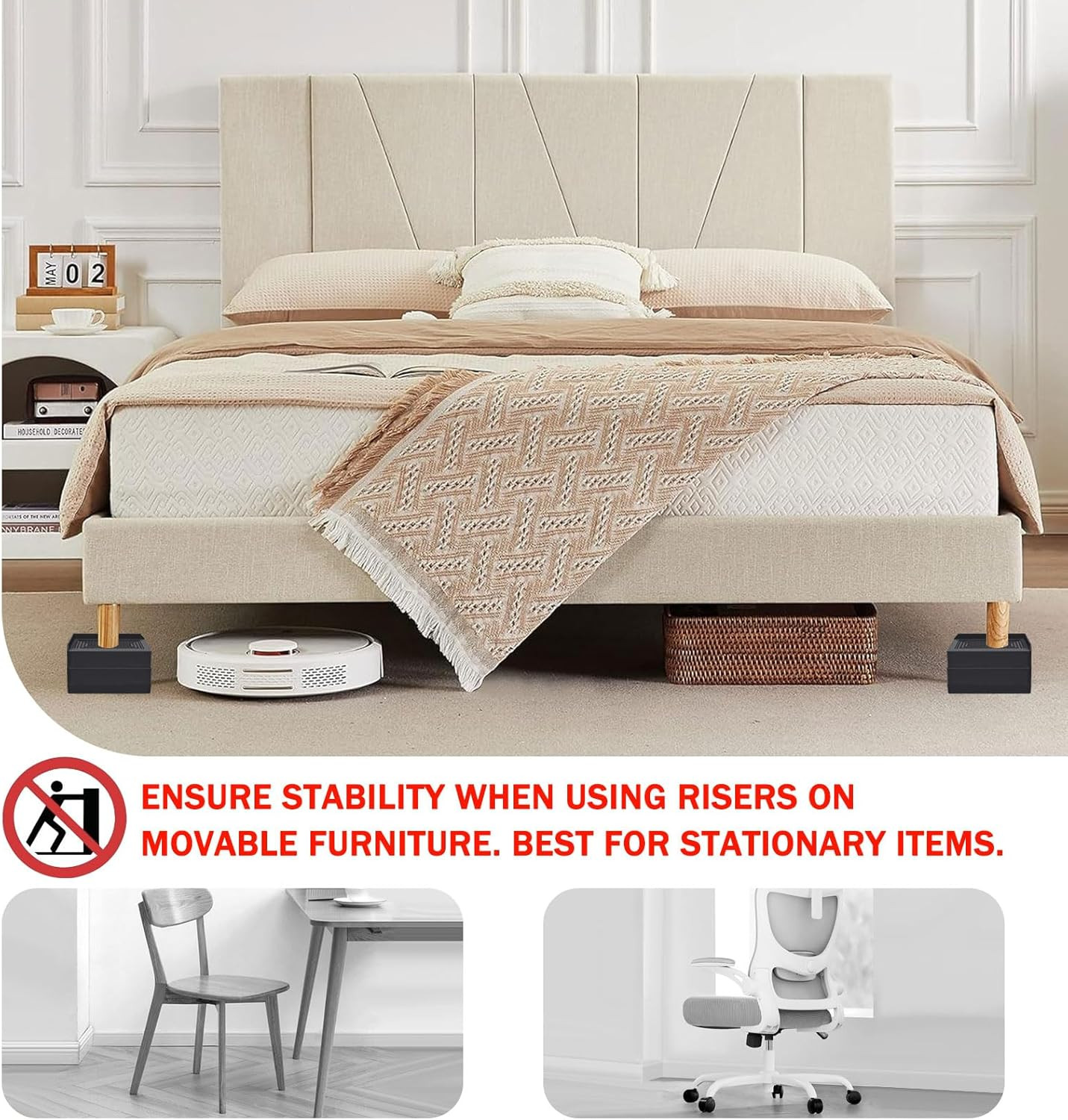 Rectangle Bed Risers, 3 Inch Heavy Duty Adjustable Furniture Risers for Bed Sofa