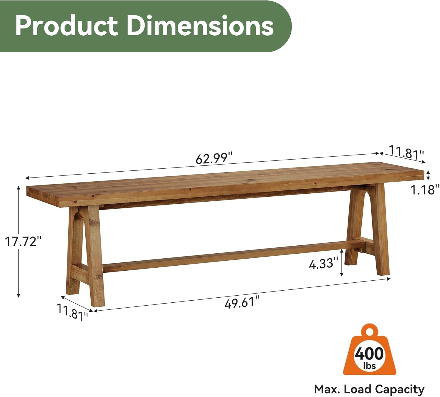 Solid Wood Dining Bench, 63 Inch Long Farmhouse Kitchen Bench for Dining Room