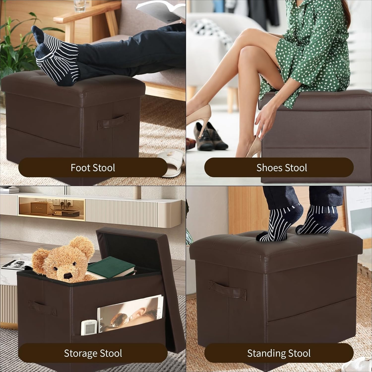 Taburete Otomano con Almacenamiento Cuero Cafe Plegable de Asiento Acolchado