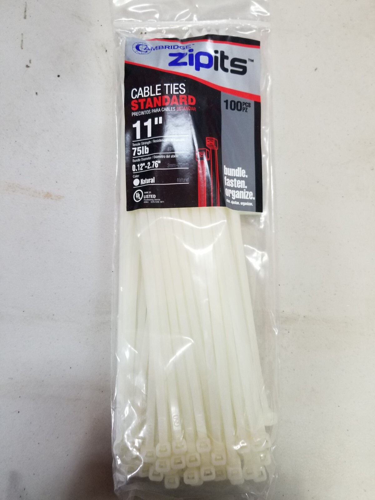 11" Cable Tie Cambridge Resources Zipits CT12785 75# Natural Lot of 10 Bags/100
