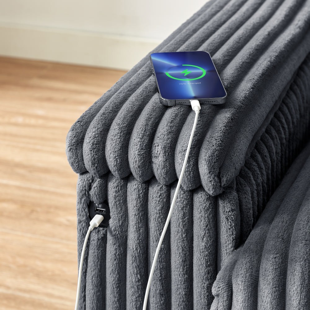 71" Corduroy Sofa with Storage Armrest USB and Plush Square Design