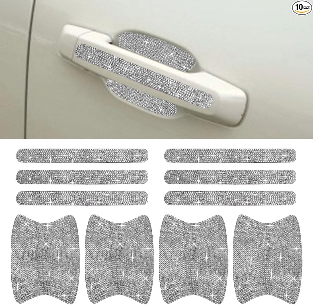 10PCS Bling Car Door Handle Protector, Crystal Rhinestone Anti-Sc Color: White