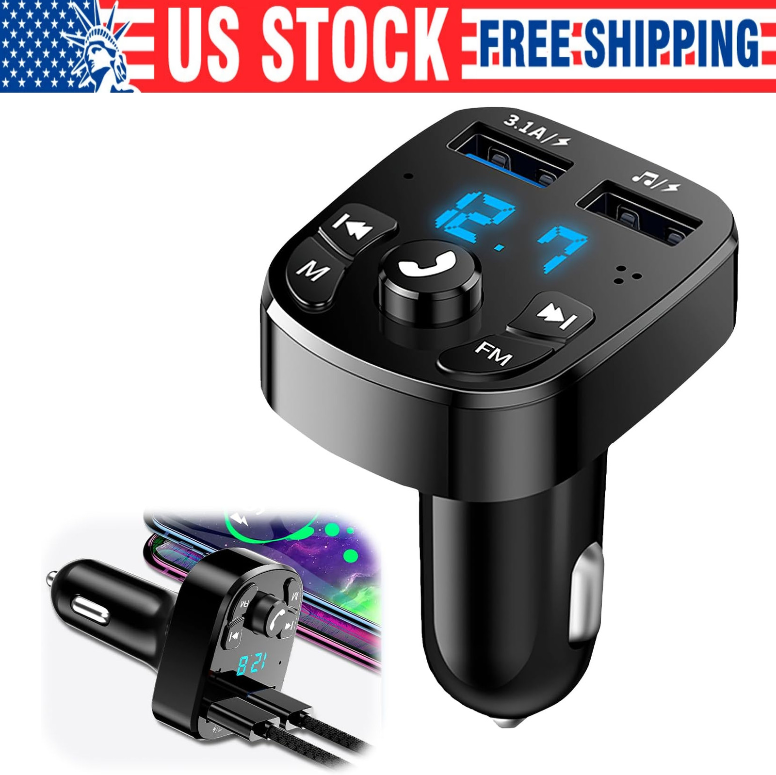 Bluetooth 5.0 Car Wireless FM Transmitter Adapter 2USB PD Charger AUX Hands-Free