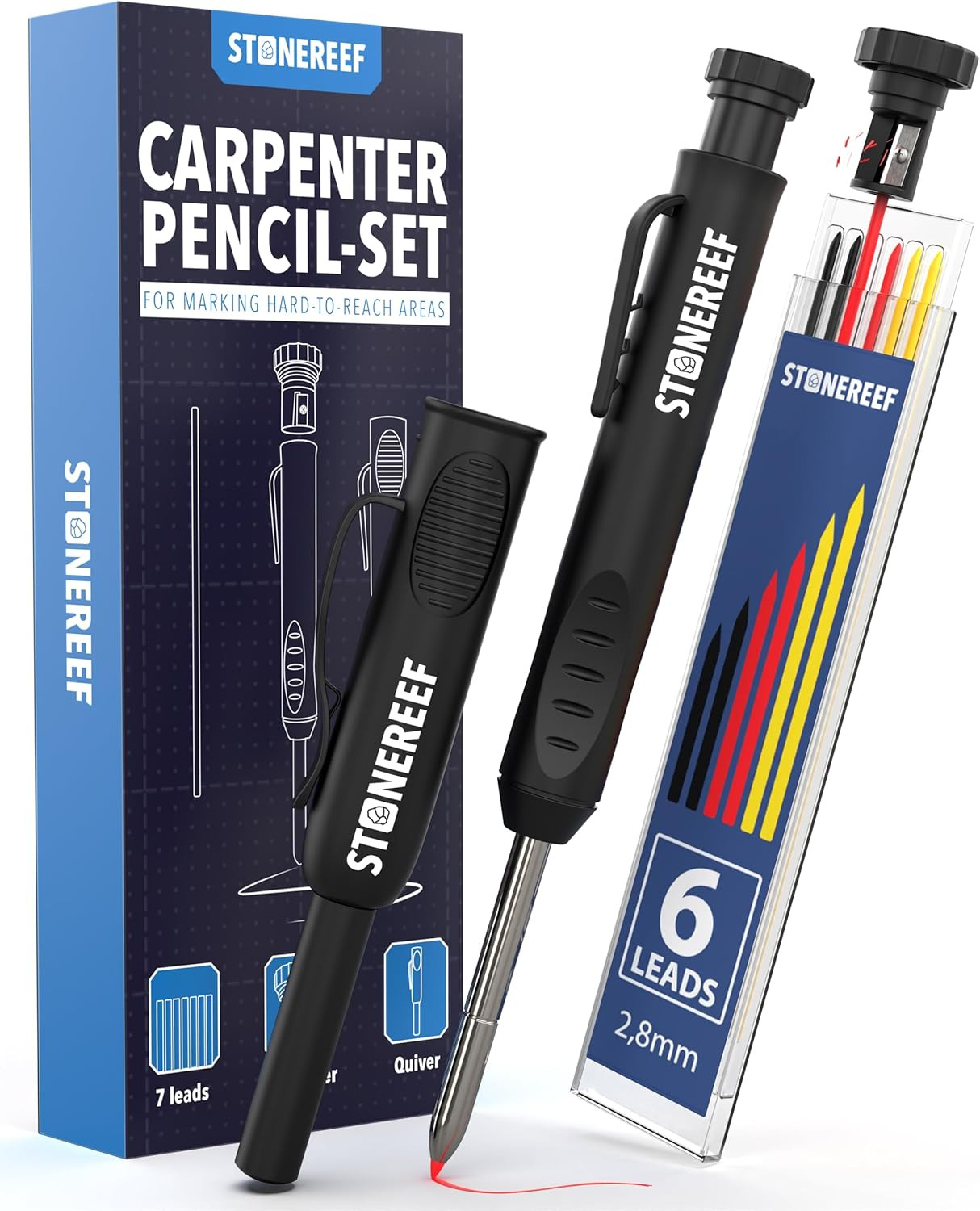 Carpenter Pencil Set with Sharpener & 7 Refills – Deep Hole Marker Mechanical Pe