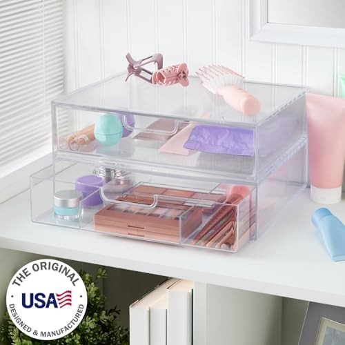 STAX Plastic Stackable Organizer Drawers (Set of 2) | Open/Divided 2pk Clear