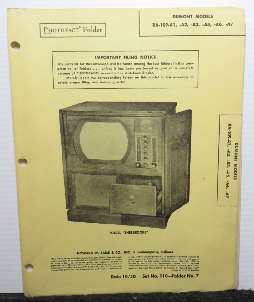 SAMS TELEVISION SERVICE MANUAL 110-7 DUMONT RA-109-A1 -A2 -A3 -A5 -A6 -A7