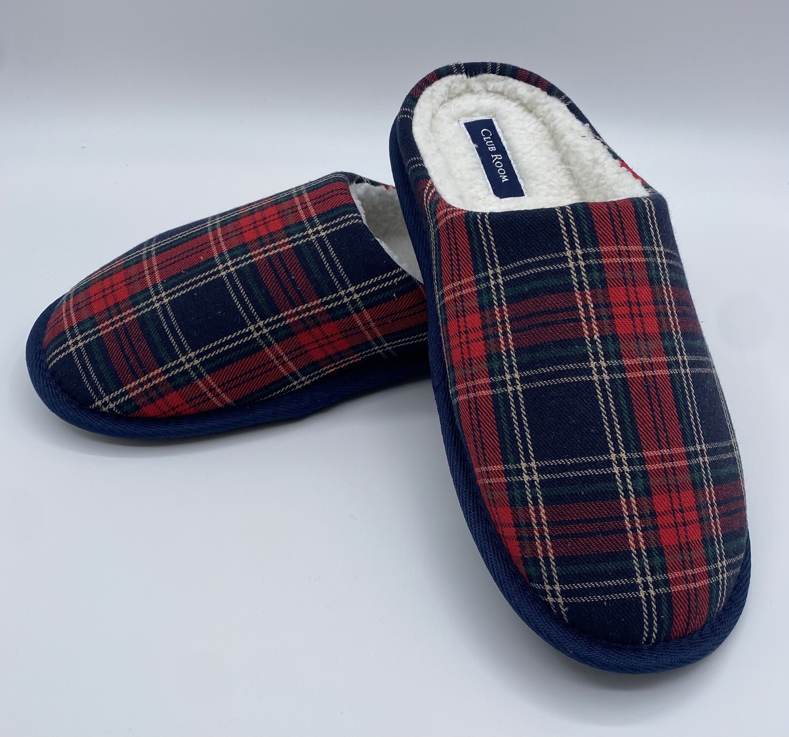 Club Room Men Red Plaid Slip on Holiday Colors Slippers Indoor Outdoor