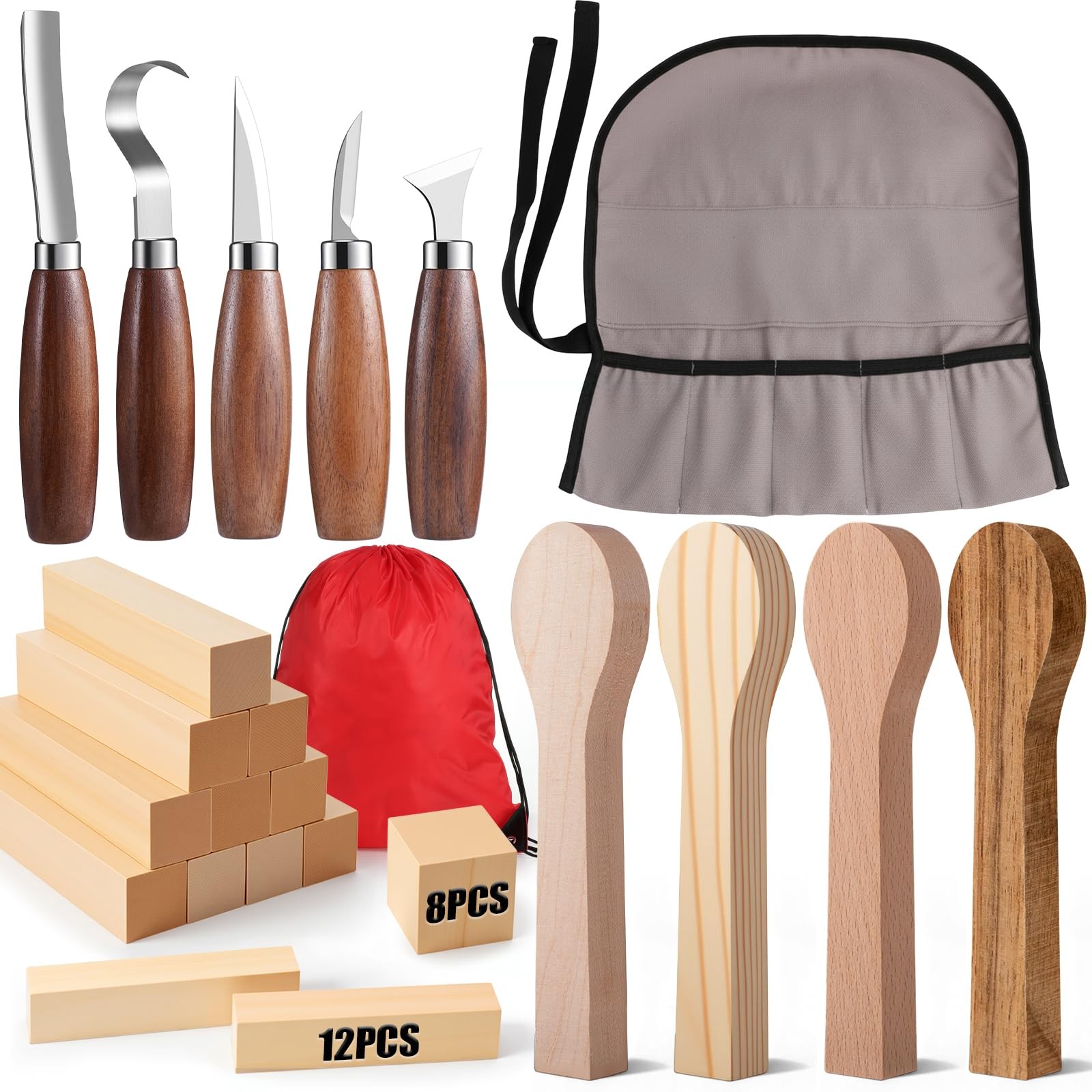 27 PCS Wood Carving Kit Tools Storage Bag Whittling Blocks Spoon Blanks