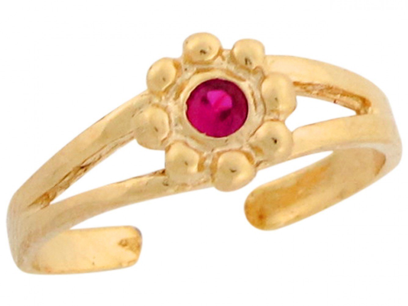 10k or 14k Yellow Real Gold Red CZ Flower Cute Womens Toe Ring