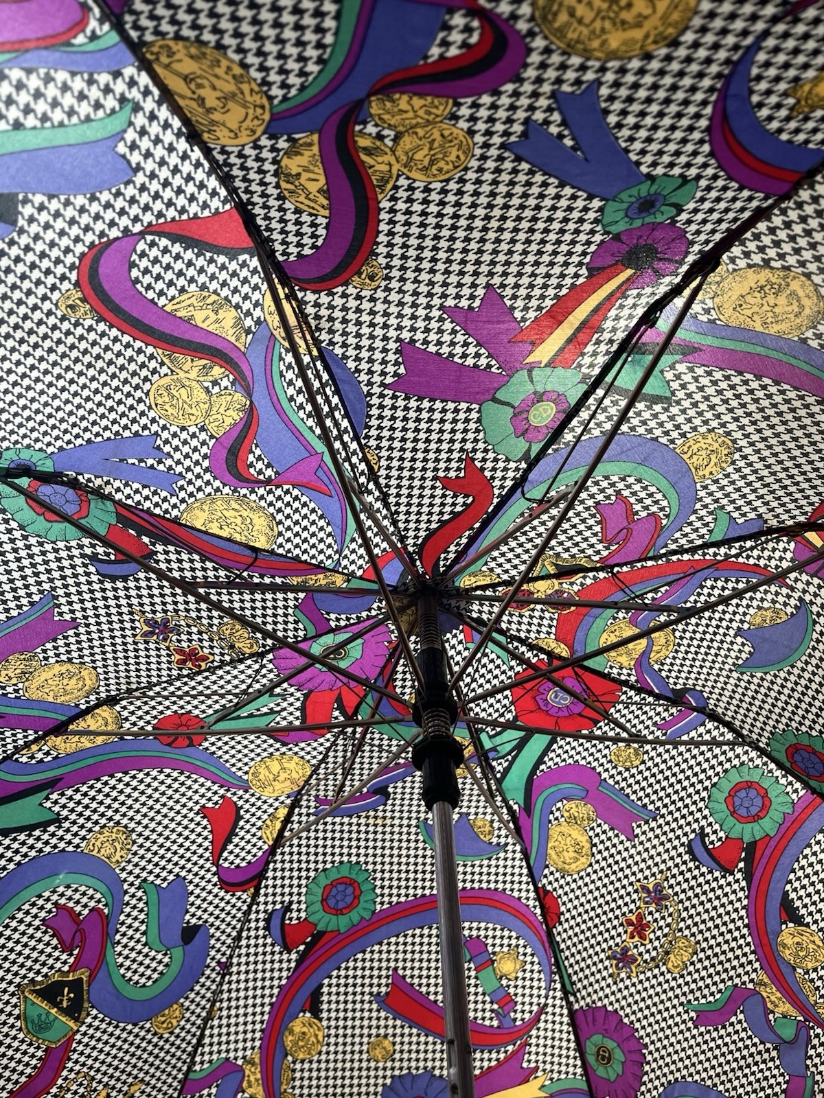 Vintage Christian Dior Houndstooth Prize Ribbon Umbrella
