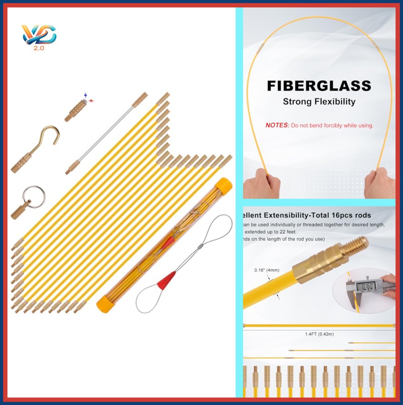 22FT Fiberglass Fish Tape Kit Electrical Wire Cable Puller Rods with Case Glow