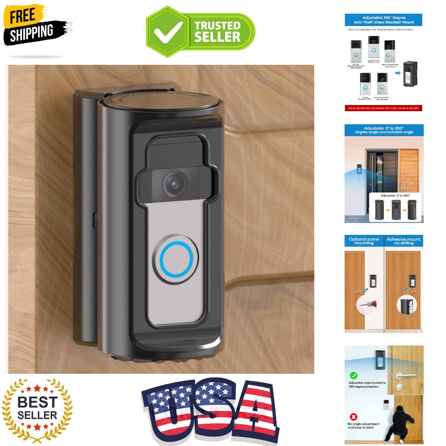 Anti-Theft Video Doorbell Mount，Adjustable 360° Degree Doorbell Angle No-Dril...