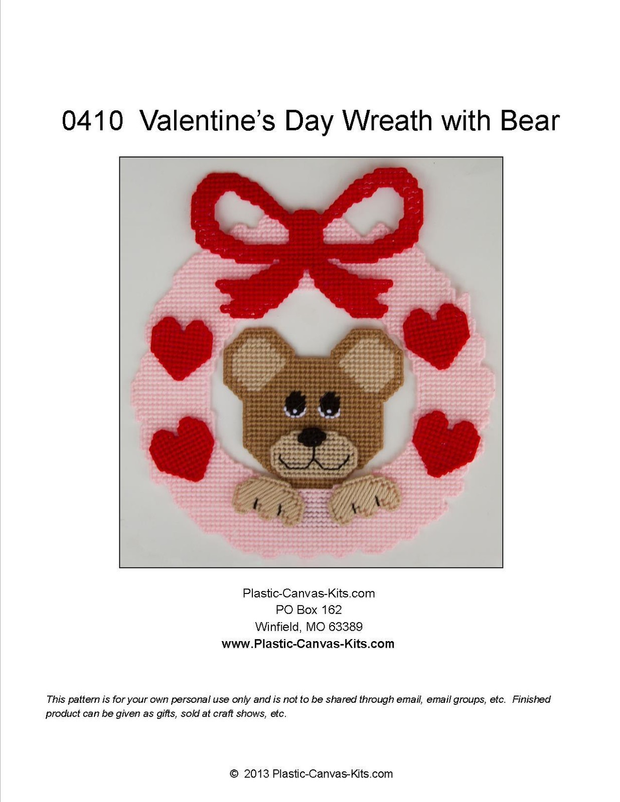 Valentine's Day Wreath with Bear- Plastic Canvas Pattern or Kit