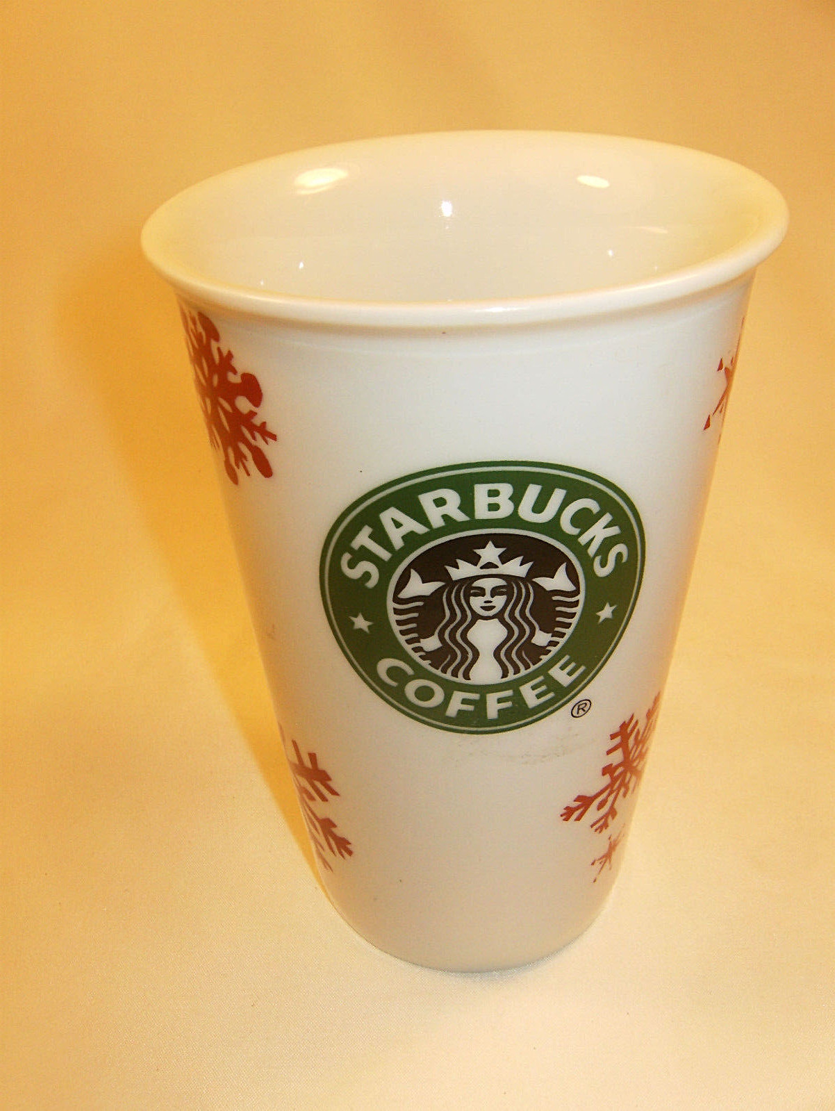 STARBUCKS CERAMIC COFFEE TRAVEL MUG 2010 RED SNOWFLAKES  TALL