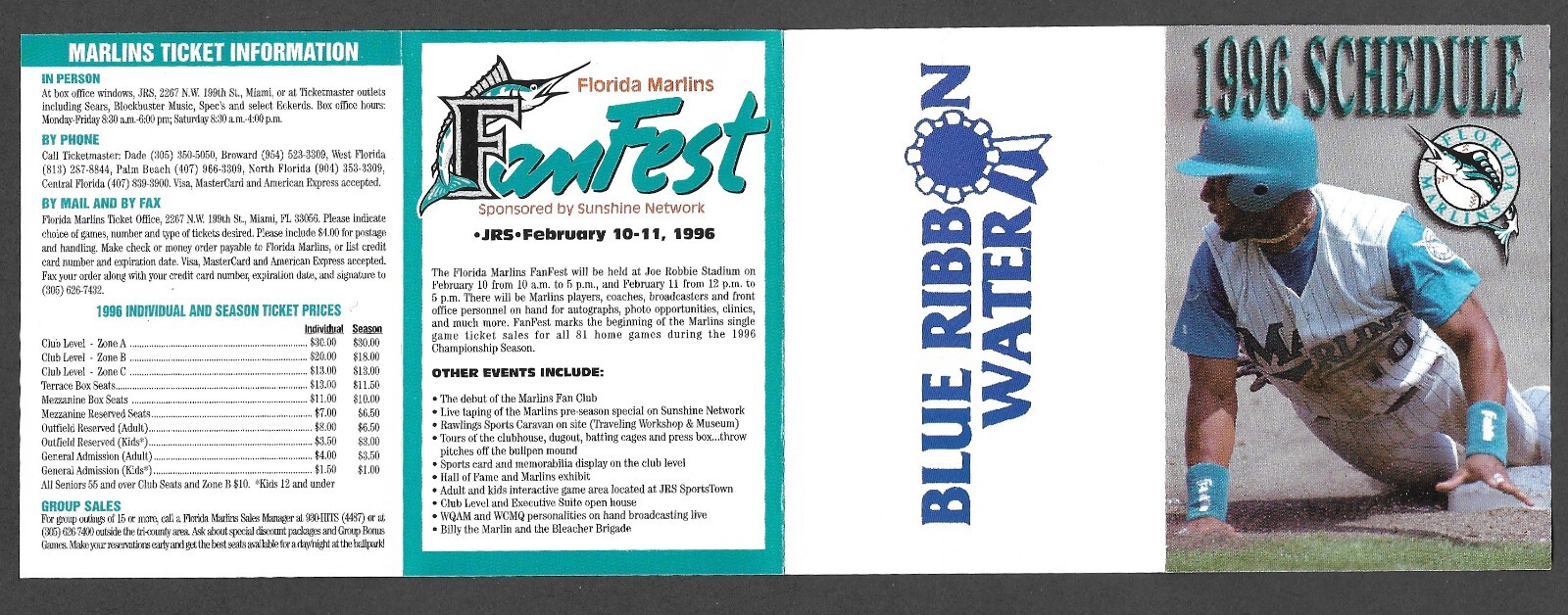 1996 FLORIDA MARLINS  Blue Ribbon Water Regular Season  POCKET SCHEDULE  NM-MINT