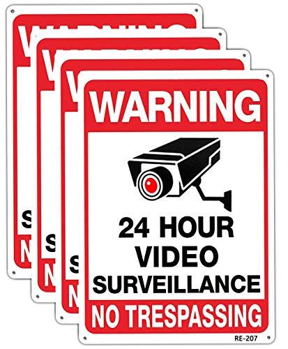 Paquete de 4 señales de advertencia de aluminio con videovigilancia de 24 horas
