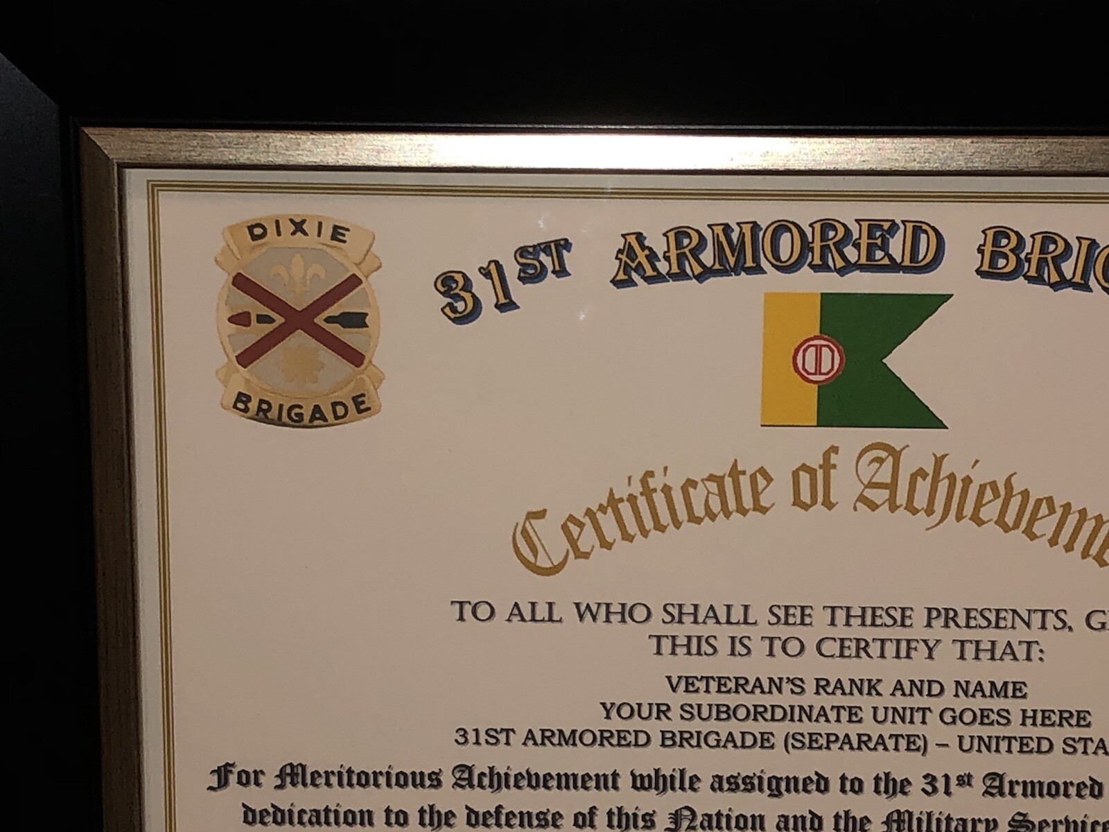 31ST ARMORED BRIGADE - ACHIEVEMENT (COMMEMORATIVE CERTIFICATE)