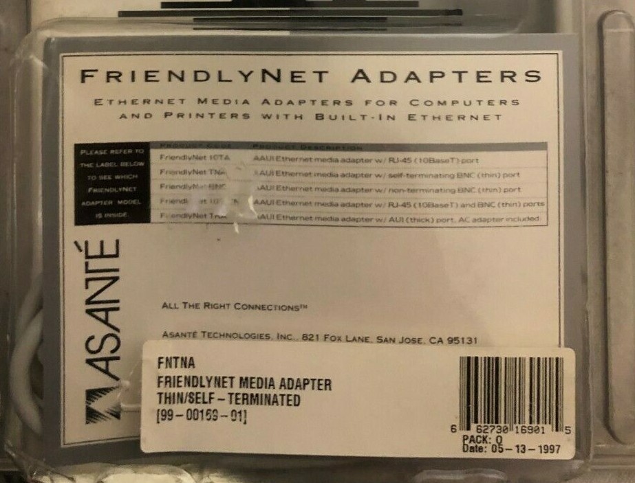 NOS Asante Friendlynet Ethernet Media Adapter FNTNA Thin-Self Terminated 99-0016
