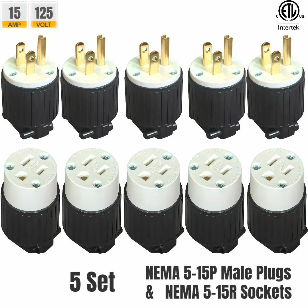 (5Set) NEMA 5-15P Male Plugs&NEMA 5-15R Female Sockets,ETL Listed 15Amp 125Volt