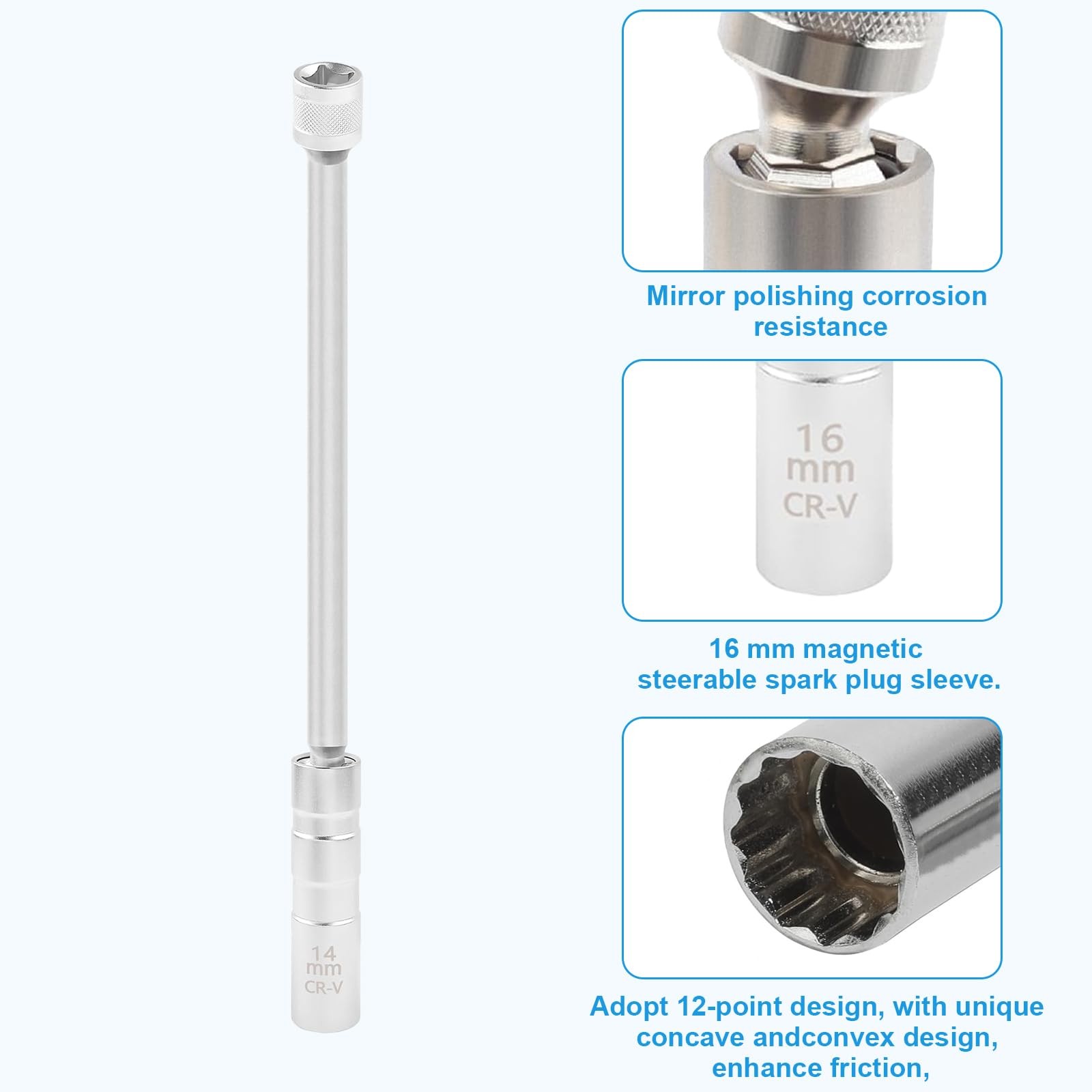 New 14MM Thin Wall Magnetic Swivel Spark Plug Socket 12-Point Removal Tool