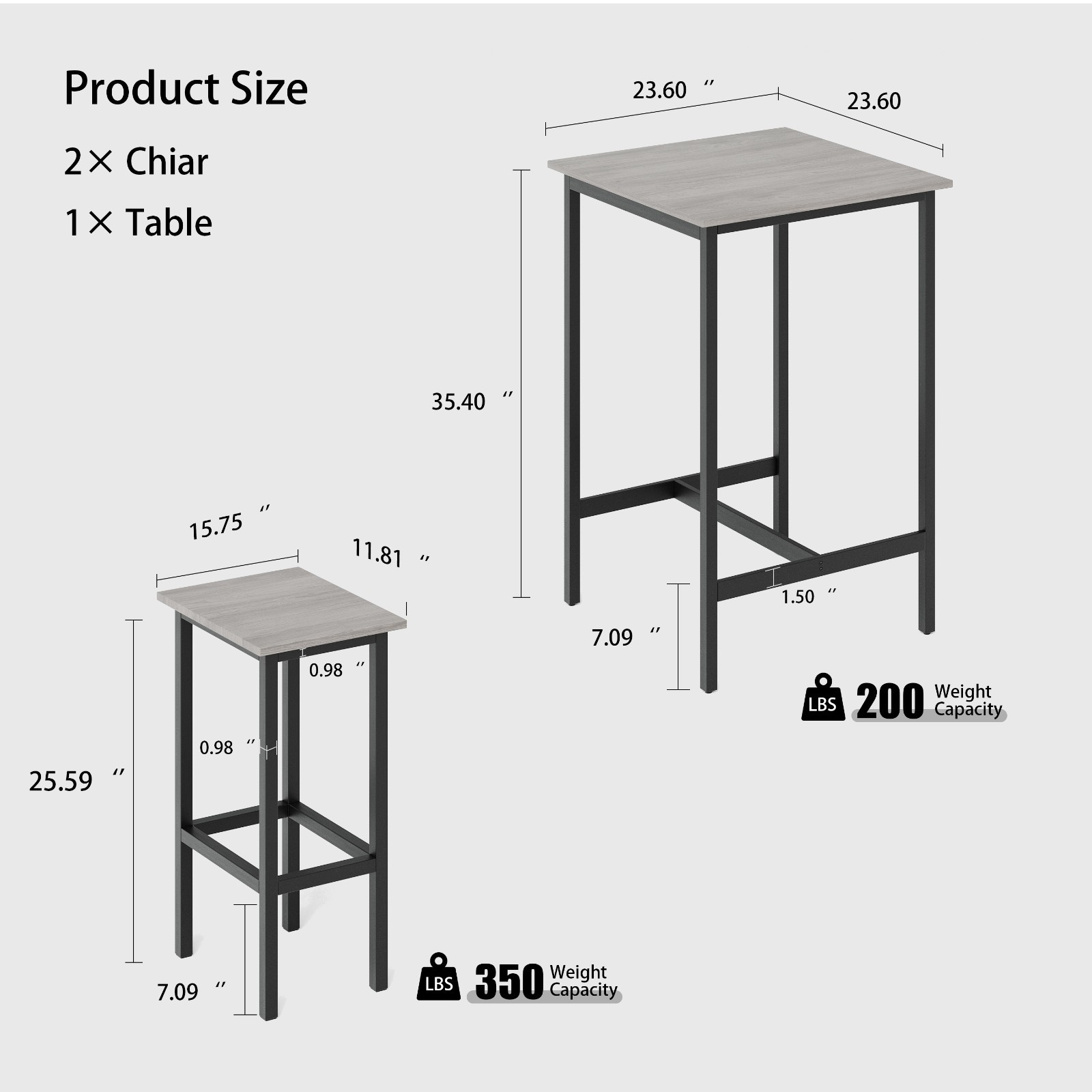 Grey Bar Table Set with 2 Bar Stools, 23.6"x23.6"x35.4"H, Modern Style