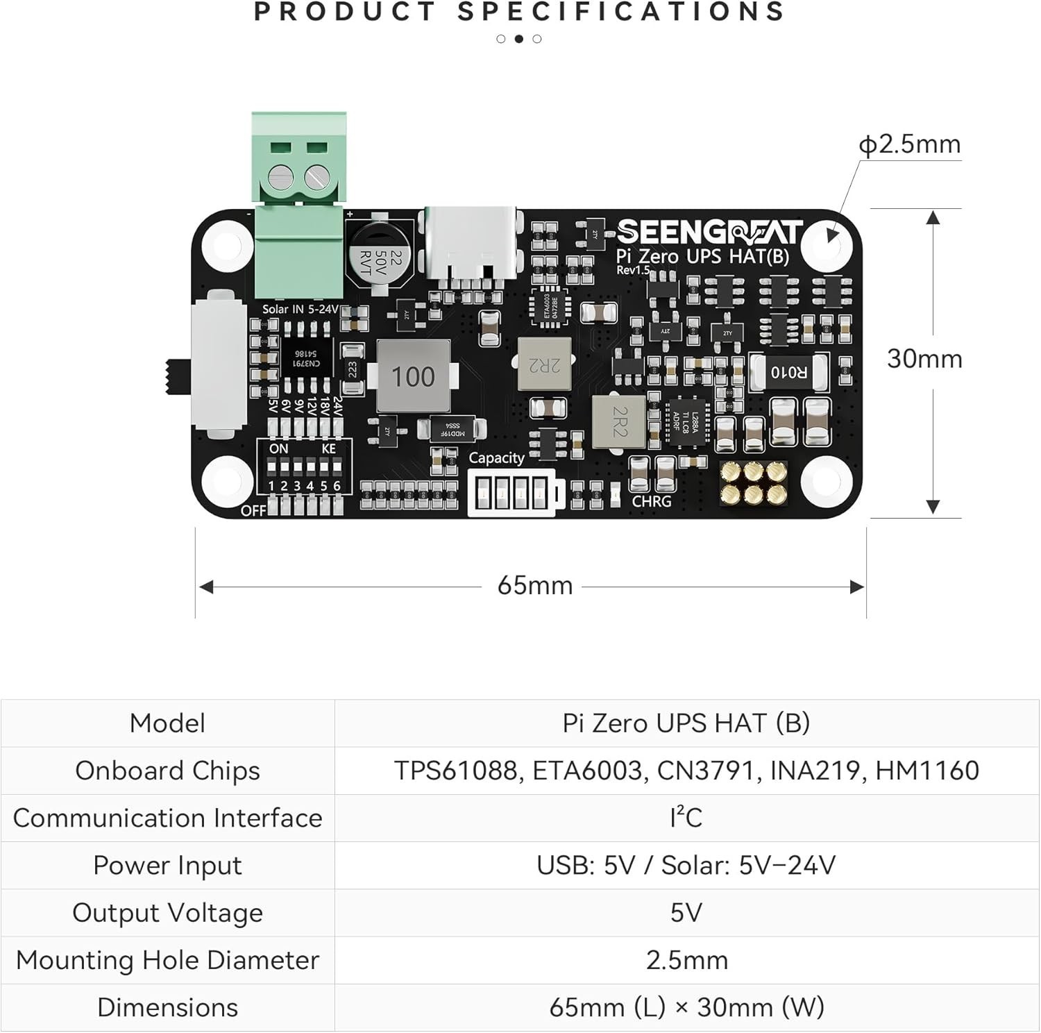 UPS HAT Raspberry Pi Zero,5V Solar Power Supply 5V-24V Input I2C Battery