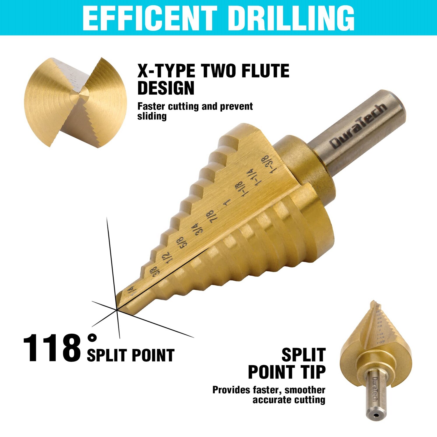 DURATECH 6PC Step Drill Bit Set Automatic Center Punch Titanium Coated Drill Bit