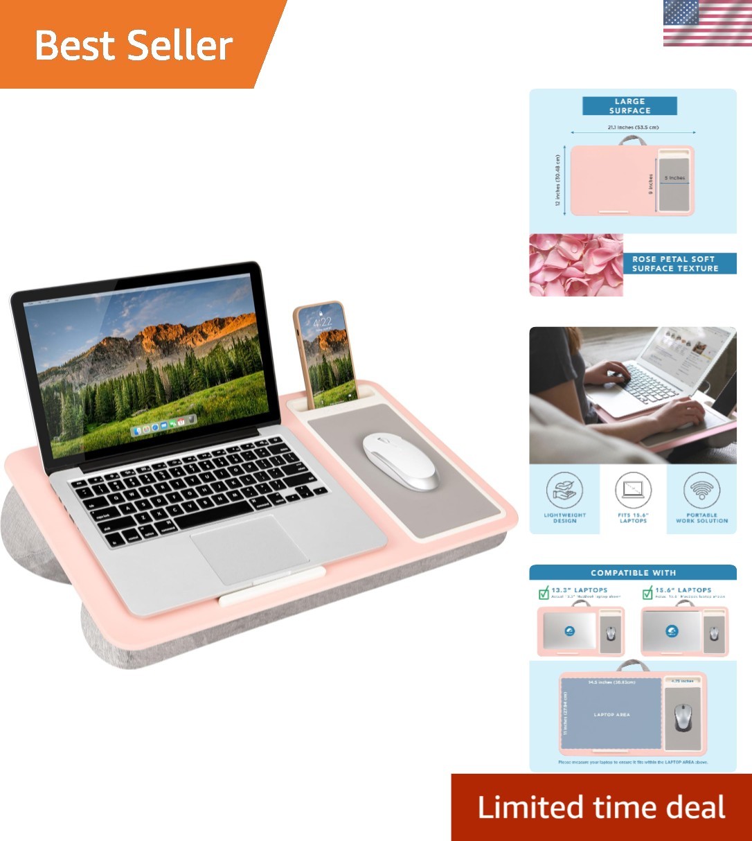 Elegant Blush Pink Lap Desk for Laptops Up to 15.6” with Built-in Mouse Pad