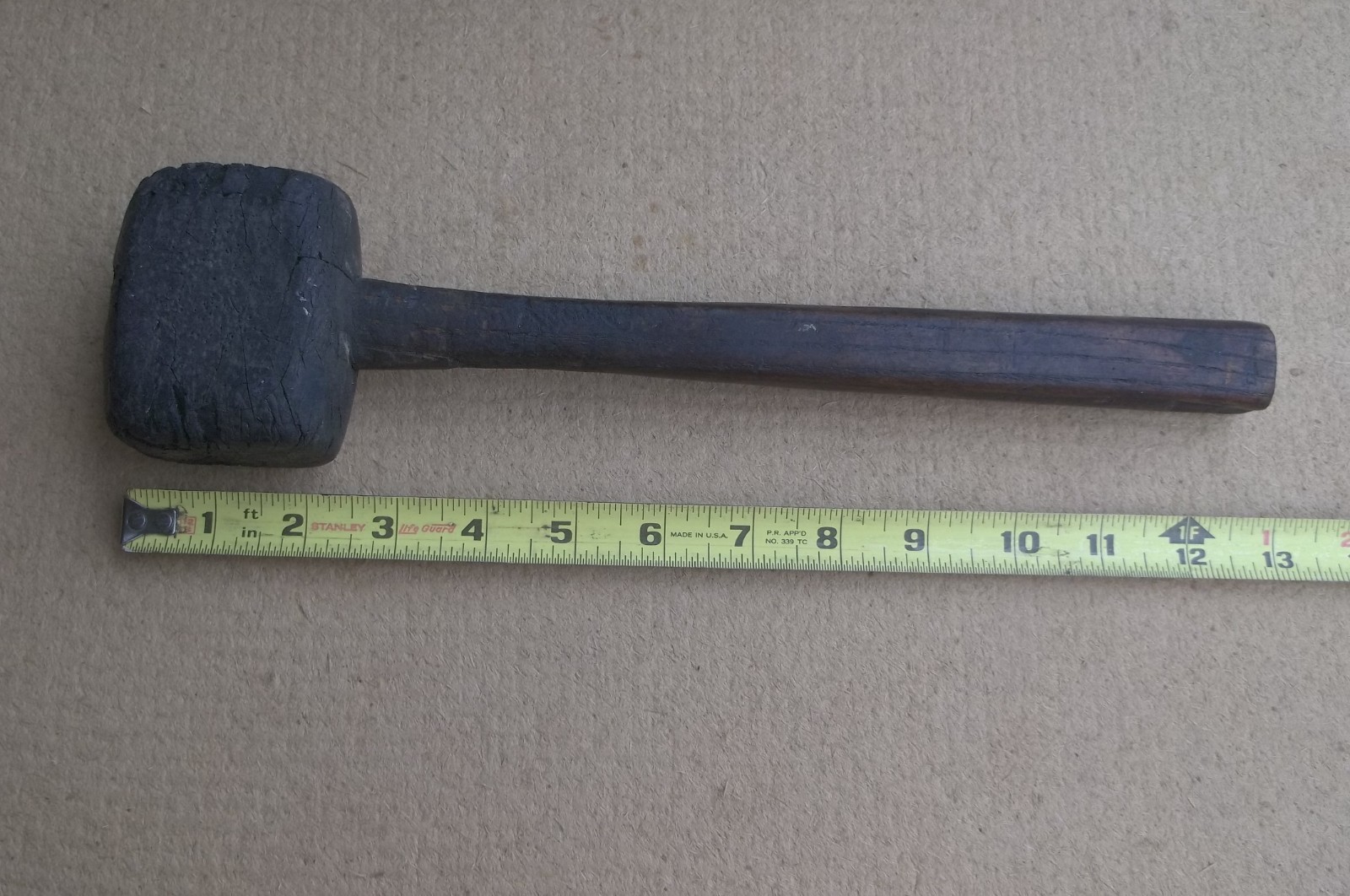 Antique Primitive Wooden Block Mallet 13 inches long great patina