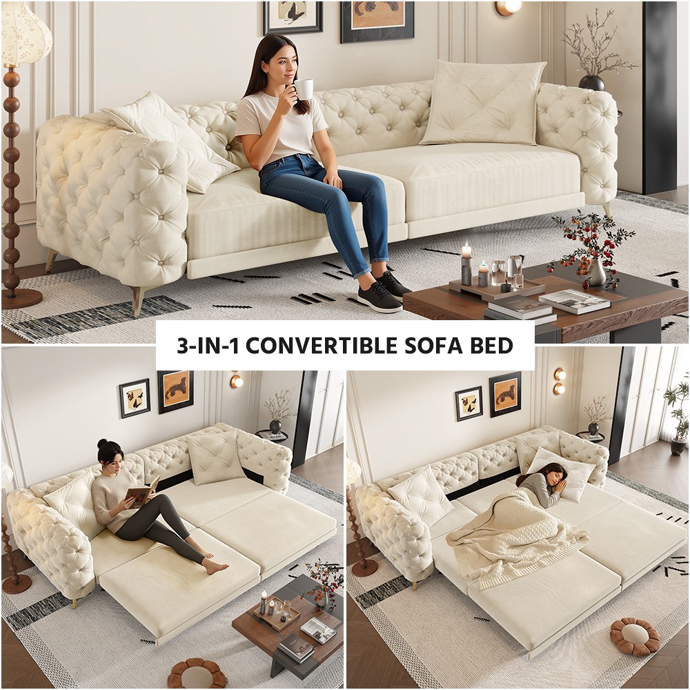 Convertible Sleeper Sofa Bed w Ottoman, Seats 4, Velvet, Beige/White
