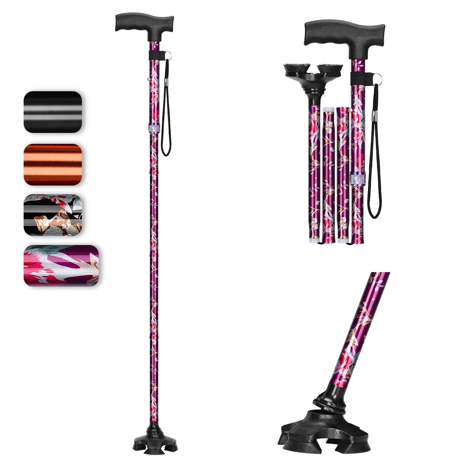 Foldable Adjustable Collapsible Free Standing Walking Cane Seniors Adults