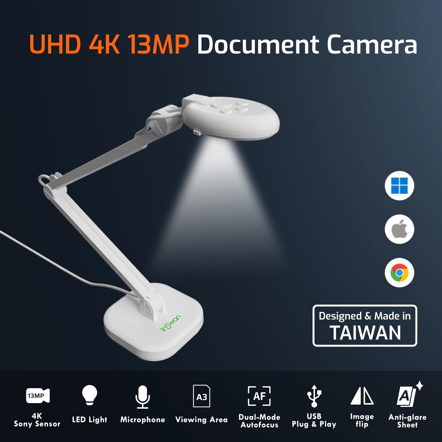 INS‑2 4K USB Document Camera – 13MP, Dual Auto‑Focus, LED Light and Microphon...