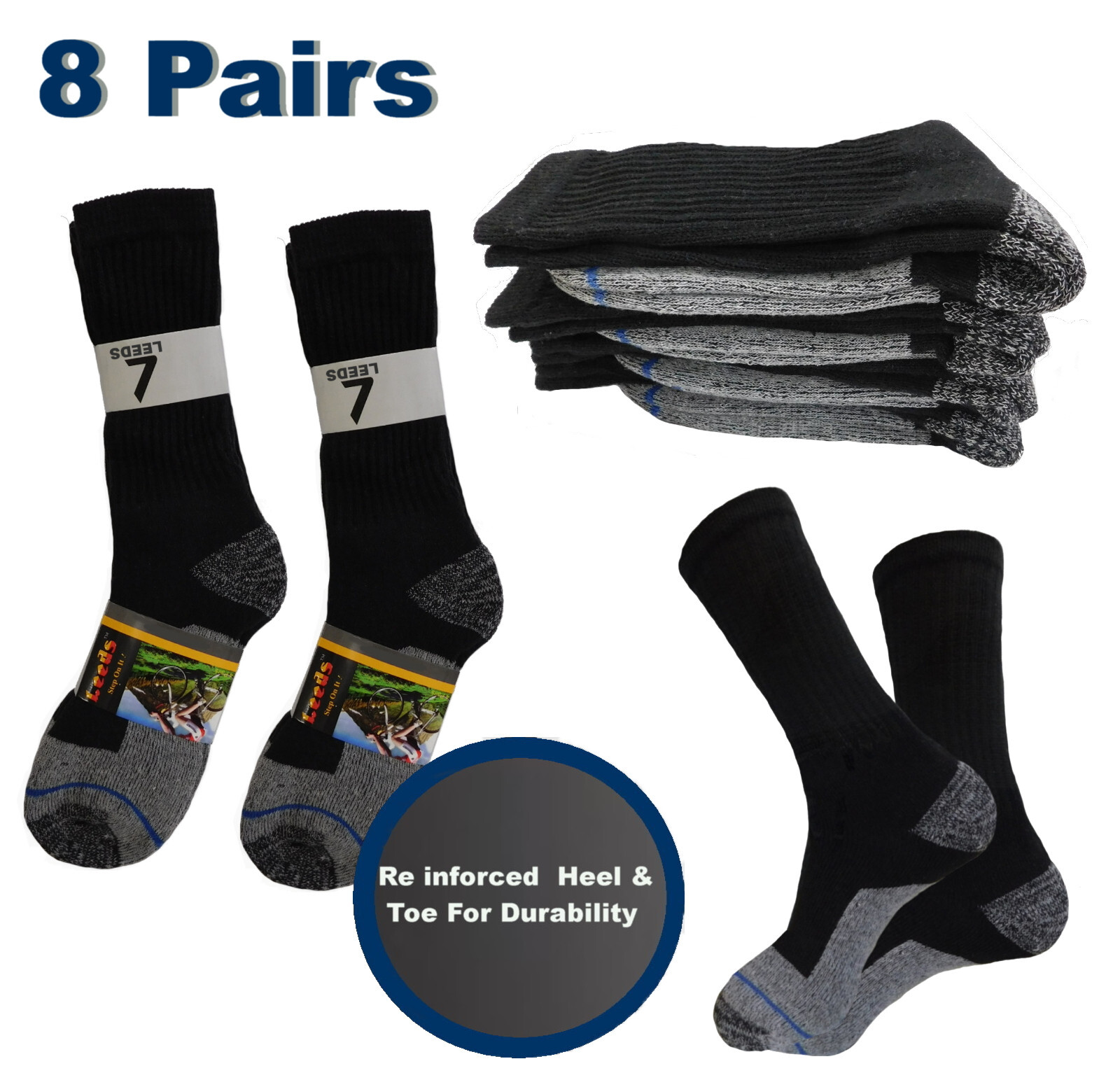8 Pairs Men's Work Socks BLACK Boots Socks Cushioned 9-11 Reinforced Heel & Toe