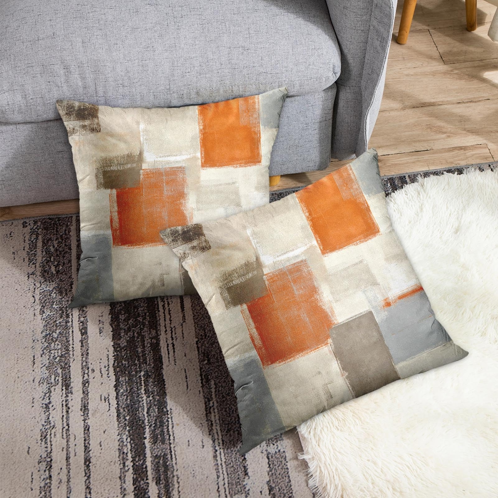 Set of 2 Orange Beige and Grey Throw Pillow Covers Modern Abstract Painting D...