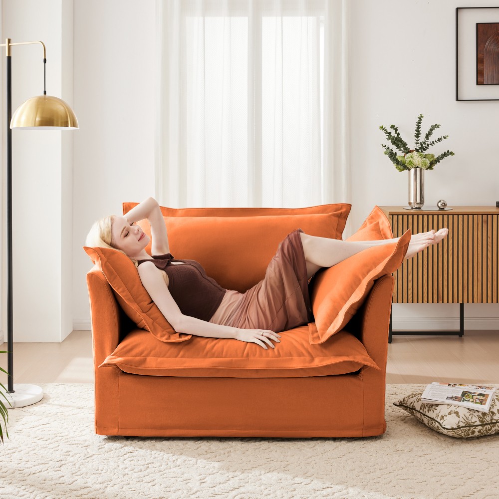 Single Deep Seat Comfy Orange Chenille Sofa Chair w/ Removable Cover & Pillows