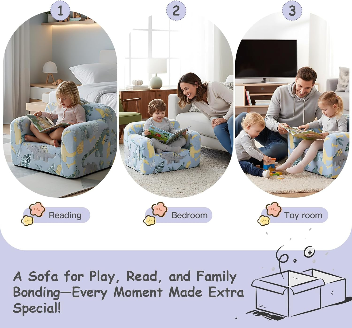 Glow in the Dark Kids Sofa, Portable Toddler Couch with Dinosaur Design
