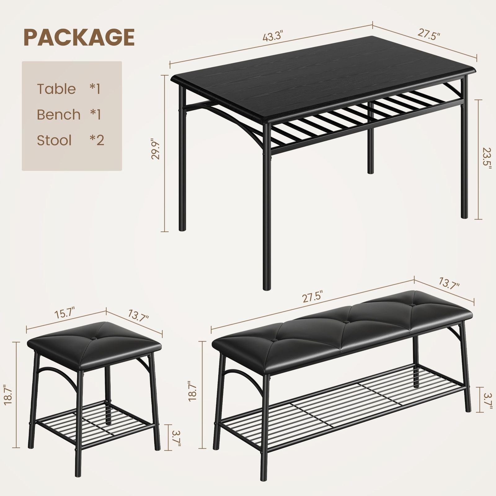 Dining Table Set for 4 Kitchen Table Set w/Upholstered Bench and Stools Storage