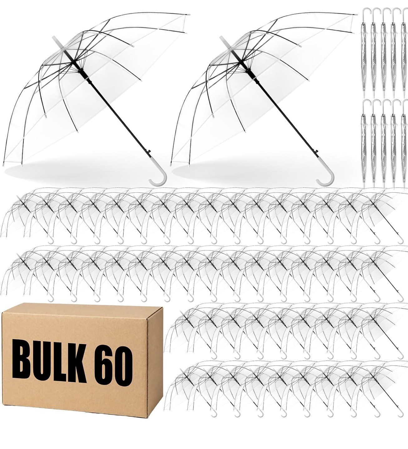 60 PCS Clear Wedding Umbrellas Bulk Transparent Auto Open Stick #2551Q T4