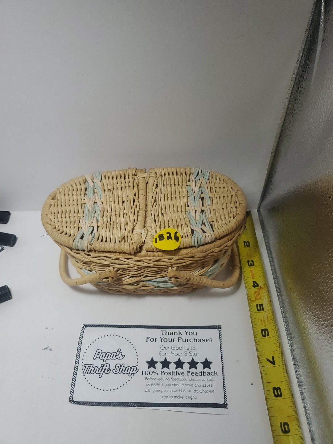 VINTAGE  WOVEN BASKET WITH HINGED LIDS AND HANDLES  AND BLUE WOVEN DETAILS