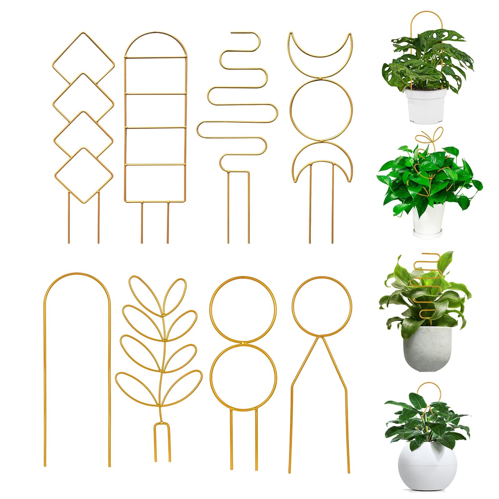 Simabsie 8 Packs Gold Metal Wire Trellis for Potted 13L*4.3w inch, Mix-Gold