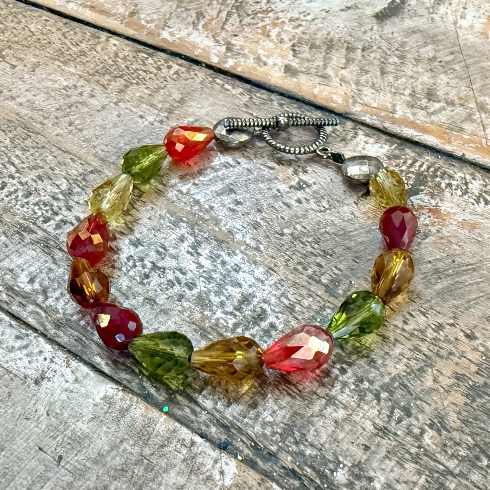 Glass Beaded Bracelet Fall Warm Colors Faceted Teardrop Beads Handmade 8”