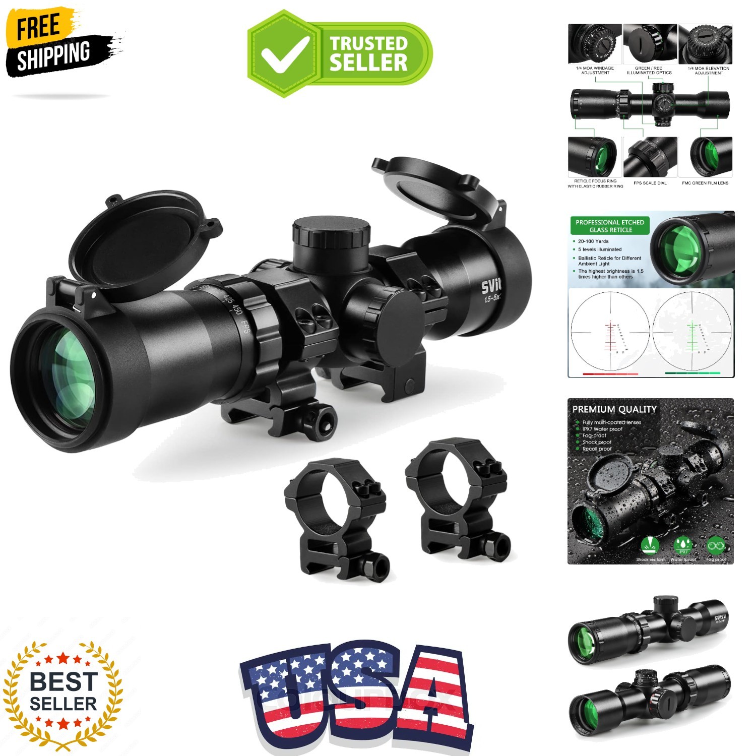 Professional Crossbow Scope, 300-450FPS1.5-5x32, 20-100 Yards High Brightness...