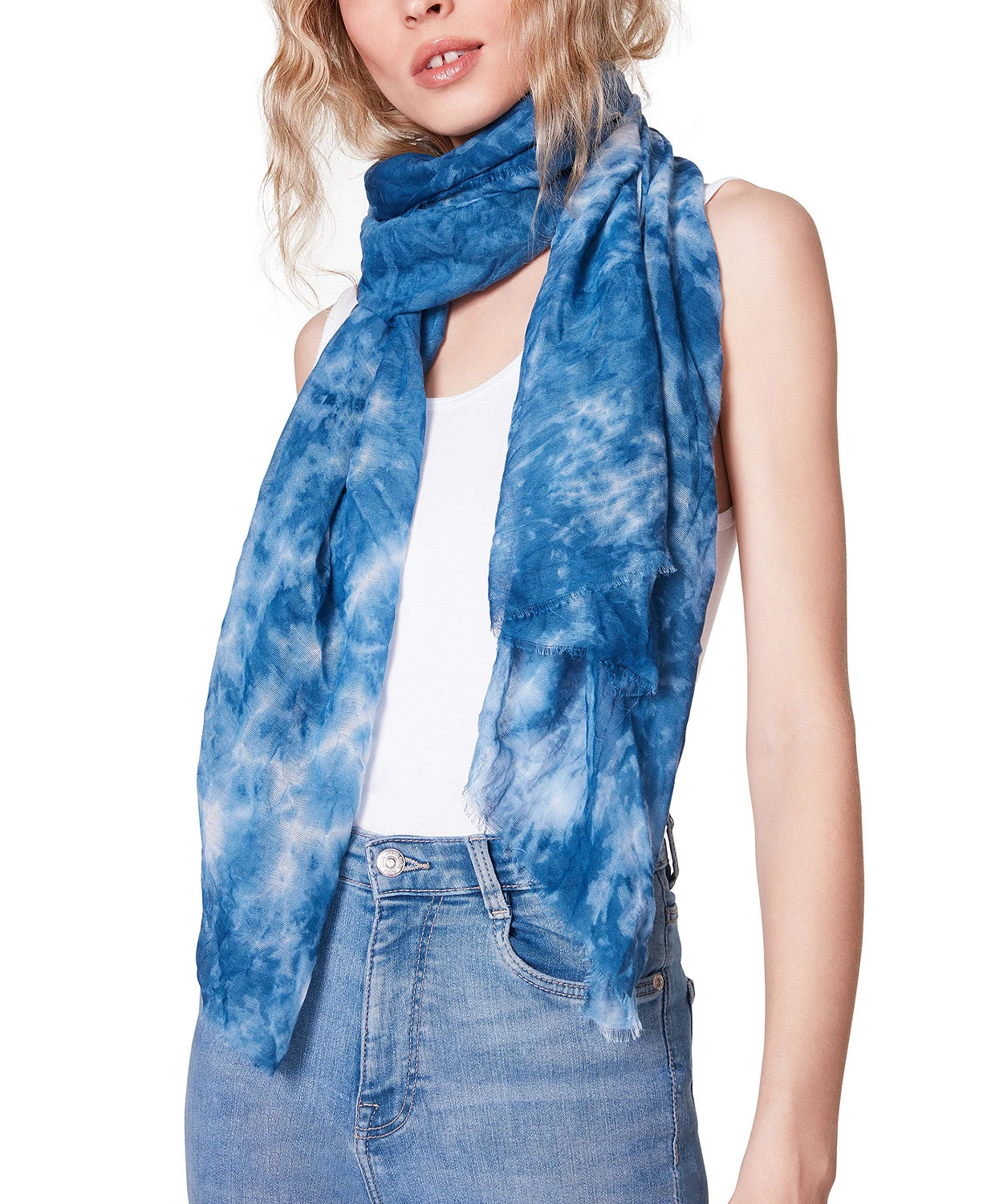 Steve Madden Womens One Size Lightweight Tie-Dyed Oblong Fringe Scarf Blue $32