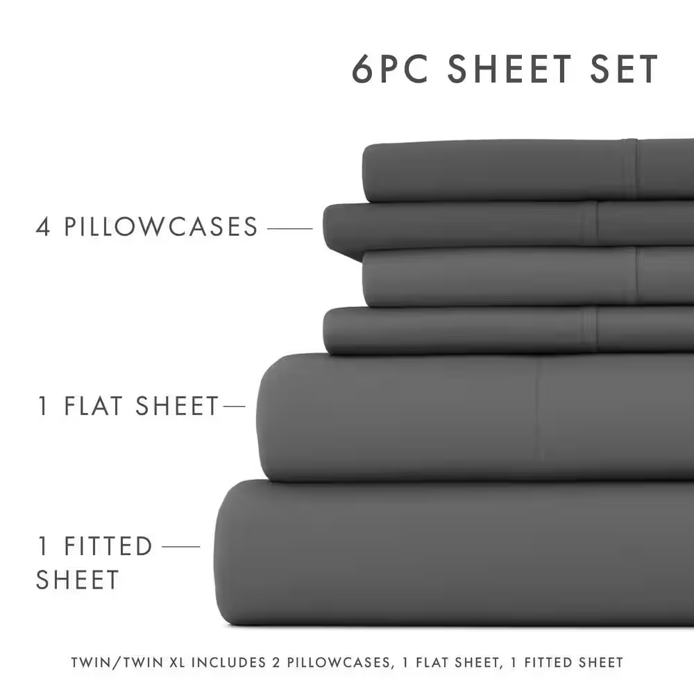6-Piece Gray Solid Microfiber Queen Sheet Set Free Shipping New