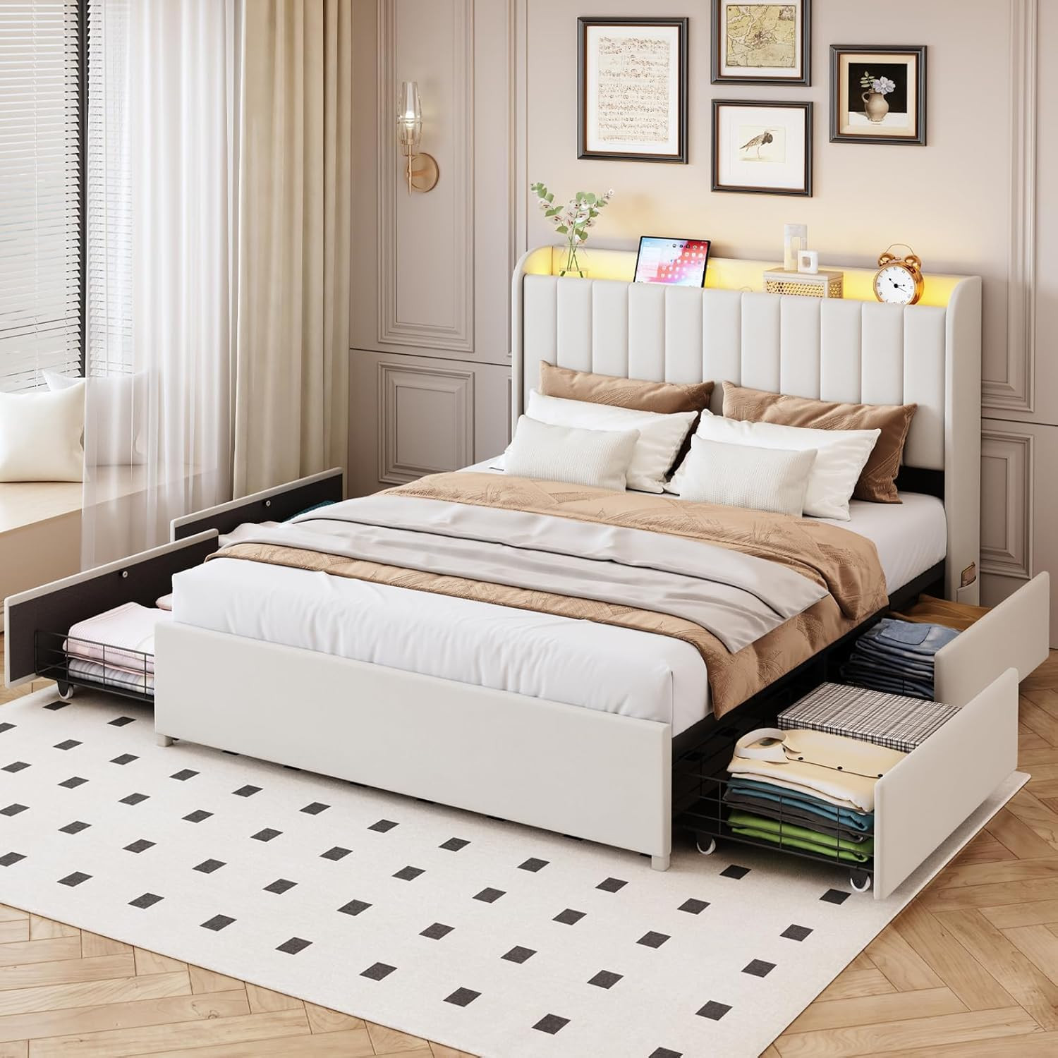 Full Bed Frame with 4 Drawers and Storage Headboard, Upholstered Platform Bed Fr