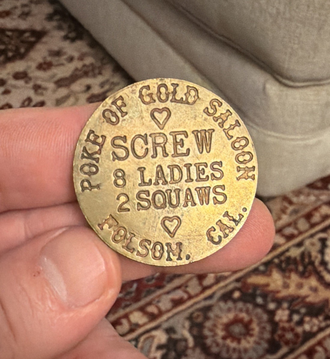 Poke of Gold Saloon Folsom Cal Brass Screw 3 Ladies 2 Squaws Brothel Token RARE