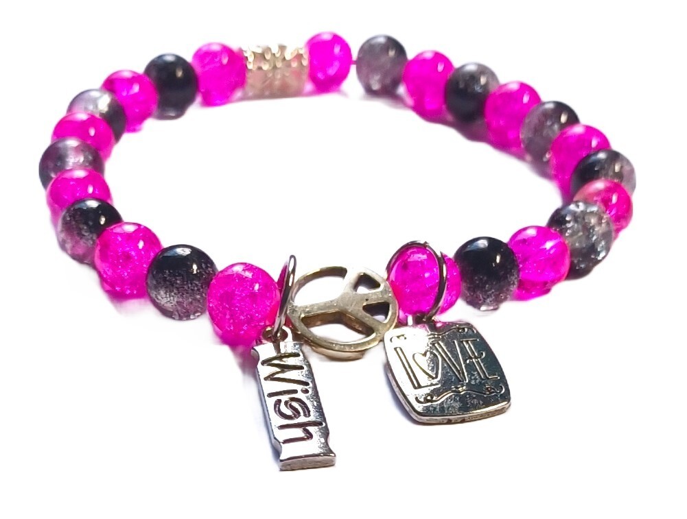 Crackle GlassvBeaded Peace-Love-Wish Bracelet-Dangling Charms