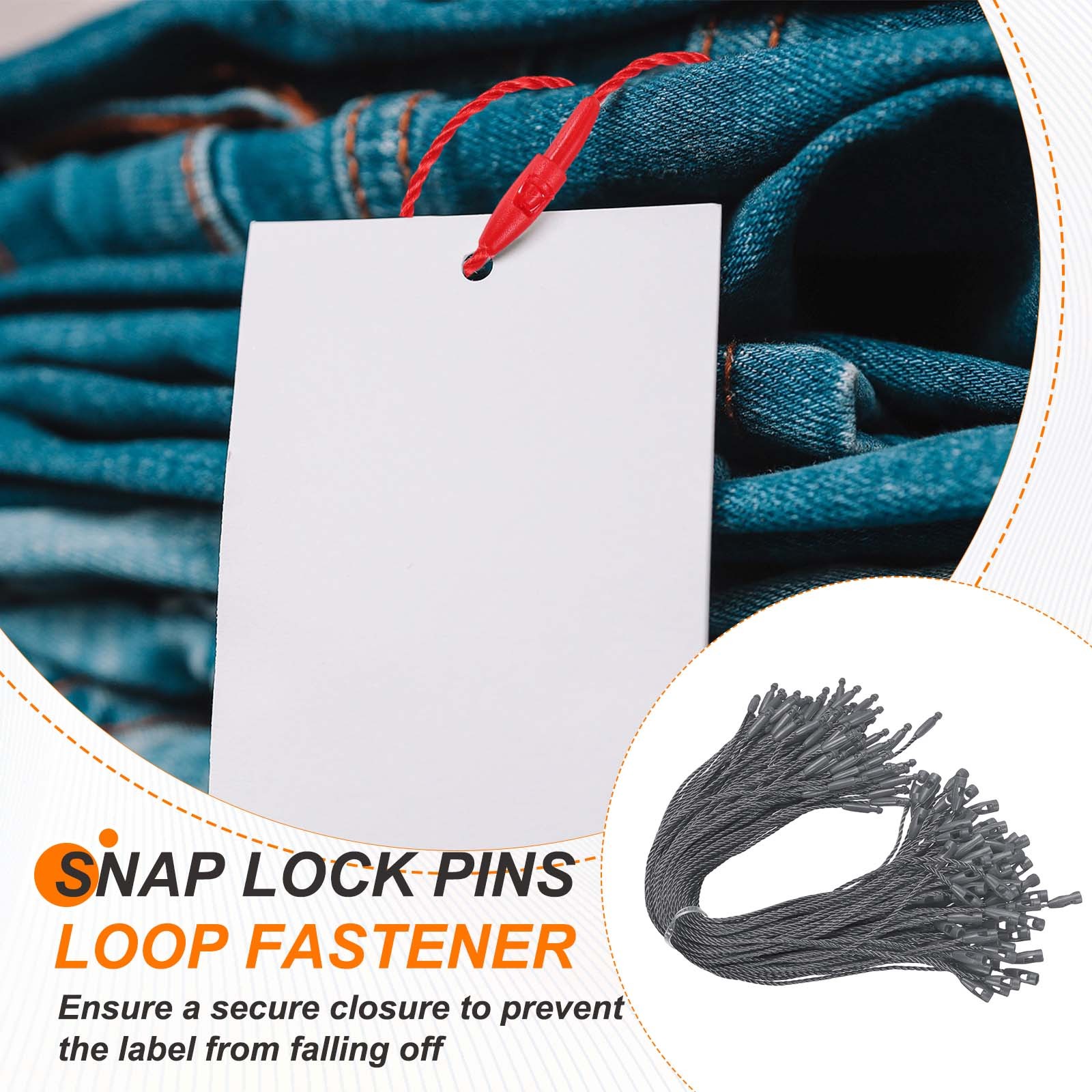 1000 Pcs Polyester Hang Tag String 8" Snap Lock Pins Loop Fastener, Gray