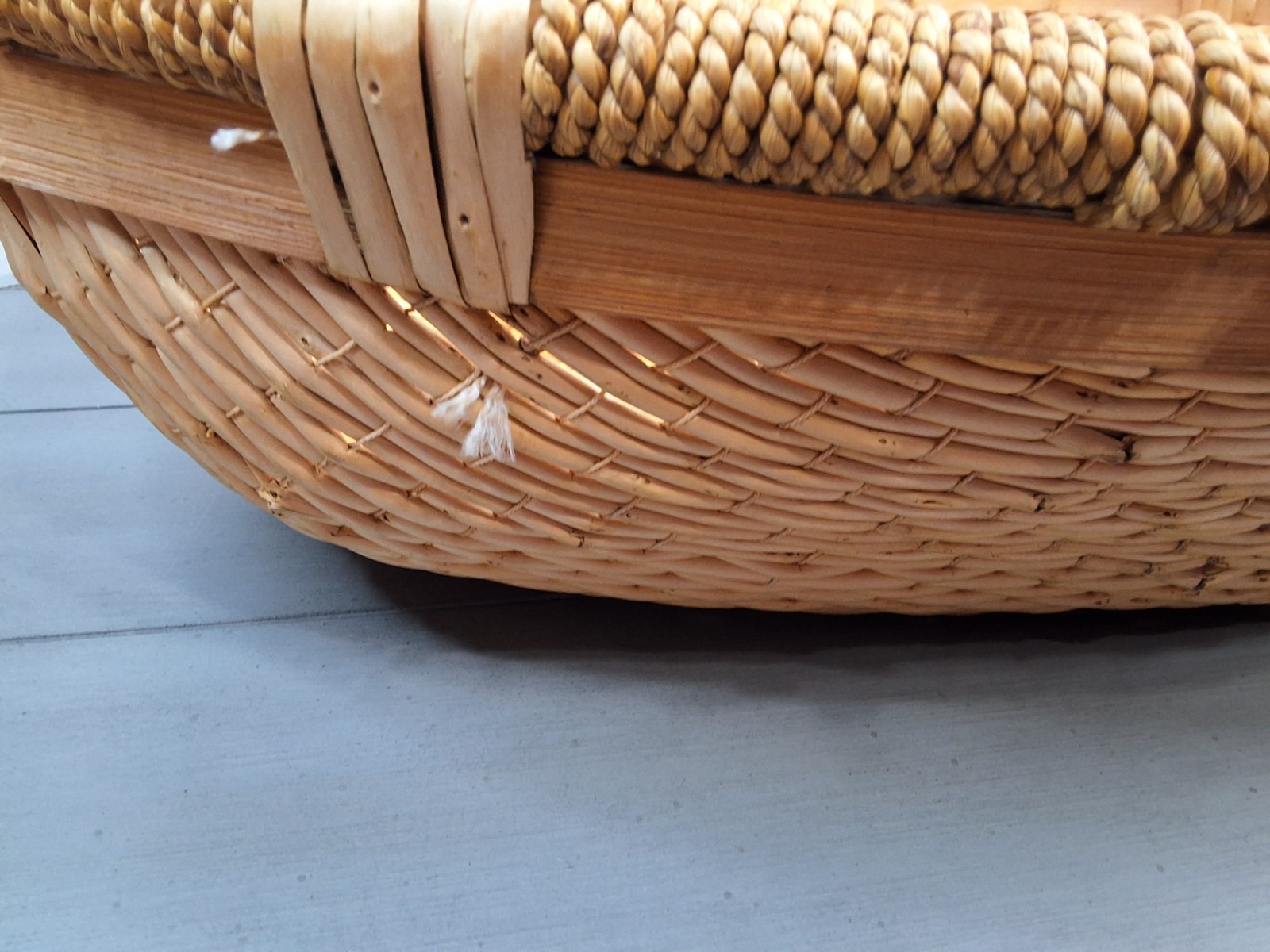 Vtg Oval Wicker Storage Basket Rattan Decor Woven Dark Stain Flat Sided 21.5"